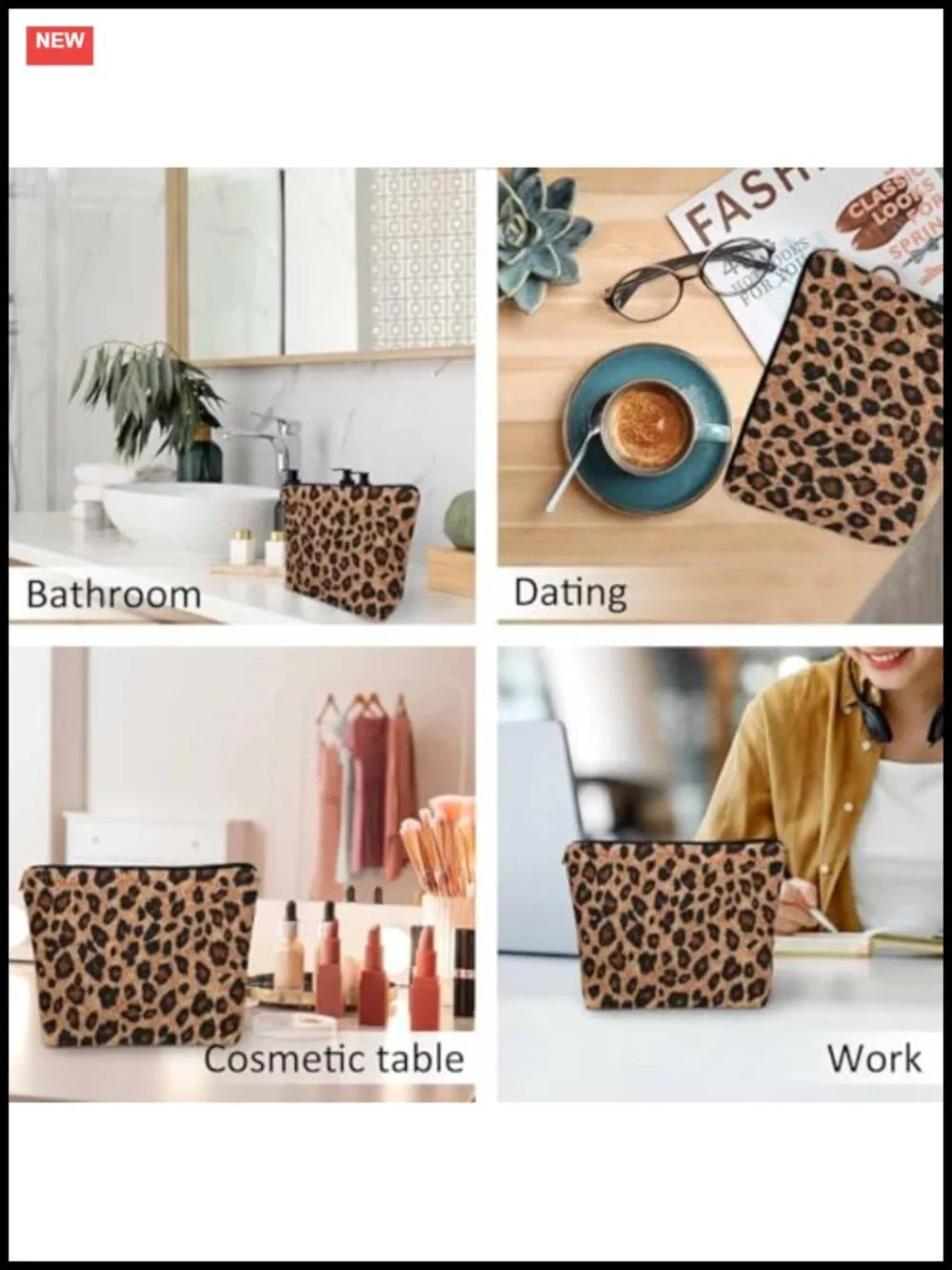 Leopard Print Flax Cosmetic Bag Travel Toiletry Organizer with Zipper